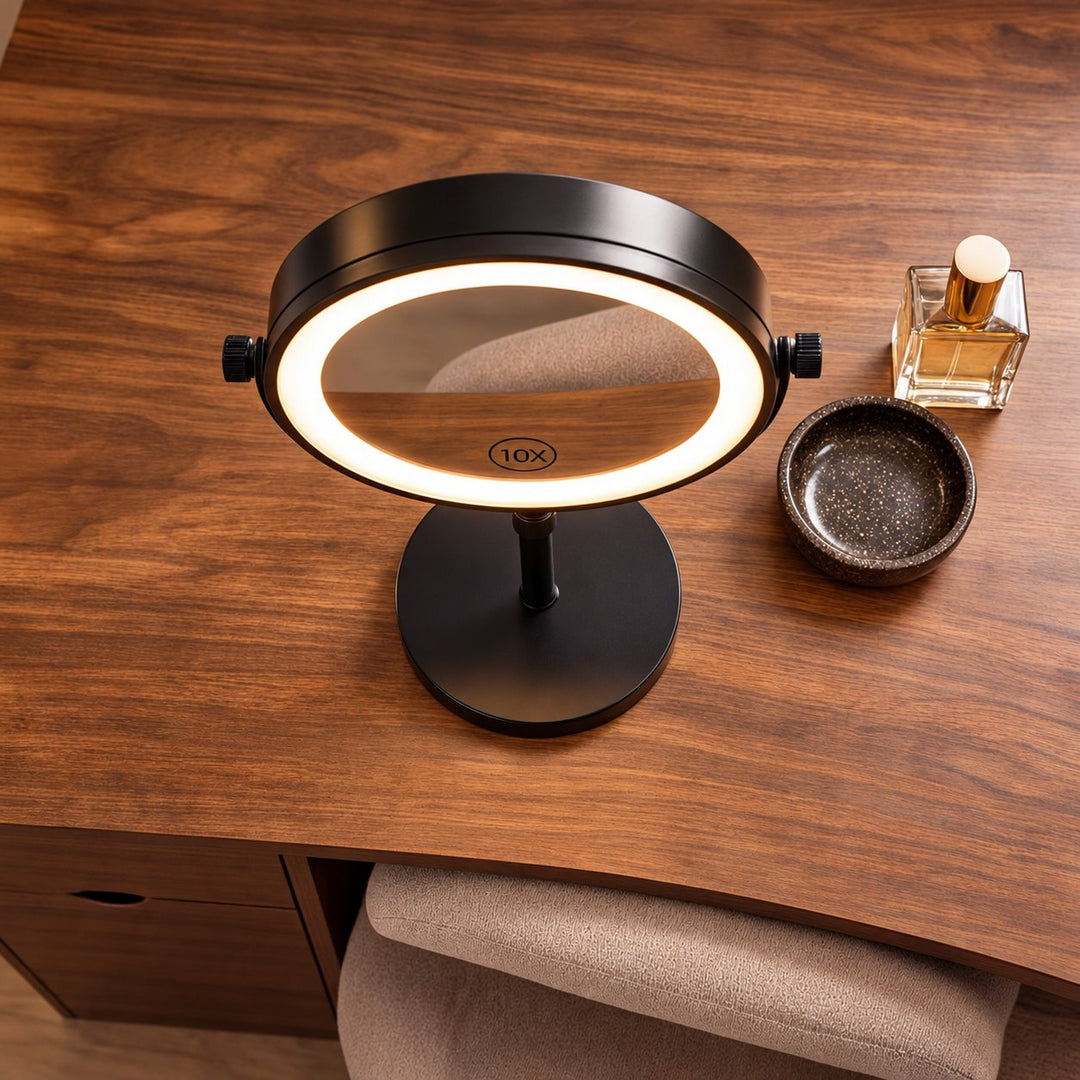 Modern Makeup Mirror with Lights Adjustable Height Dual-Sided 10X Magnifying USB Powered Dimmable