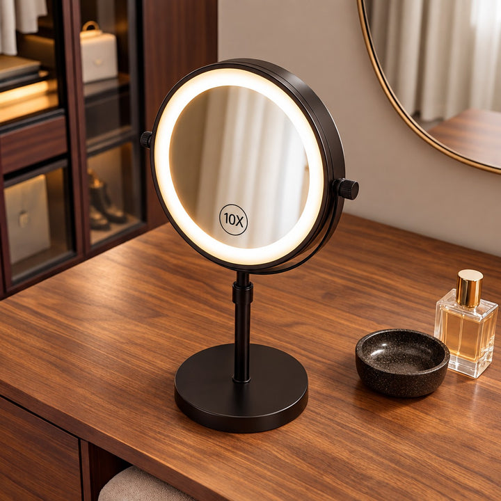 Modern Makeup Mirror with Lights Adjustable Height Dual-Sided 10X Magnifying USB Powered Dimmable