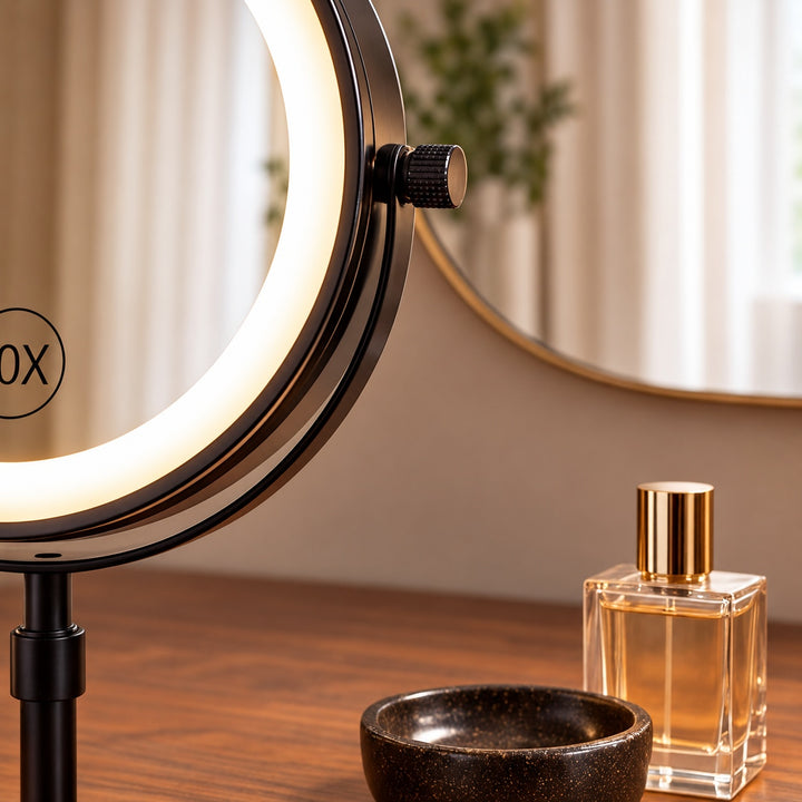 Modern Makeup Mirror with Lights Adjustable Height Dual-Sided 10X Magnifying USB Powered Dimmable