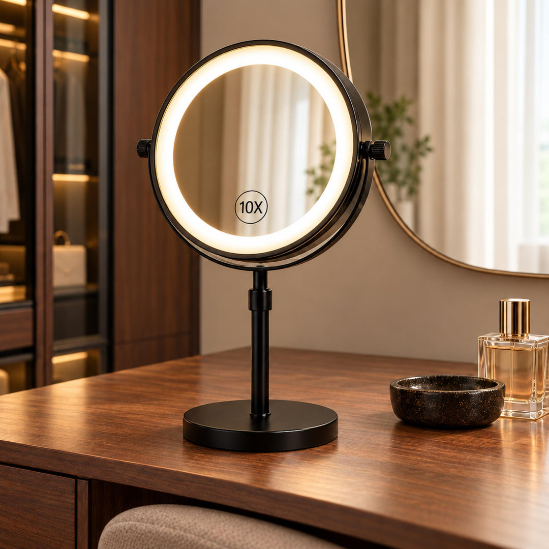 Modern Makeup Mirror with Lights Adjustable Height Dual-Sided 10X Magnifying USB Powered Dimmable