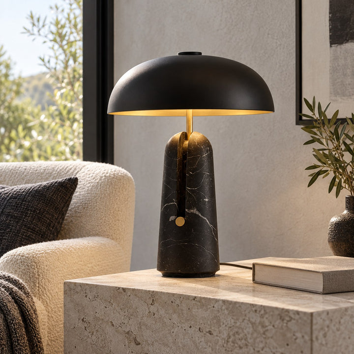 Contemporary Table Lamp with Metal Shade and Travertine Base for Bedroom or Living Room