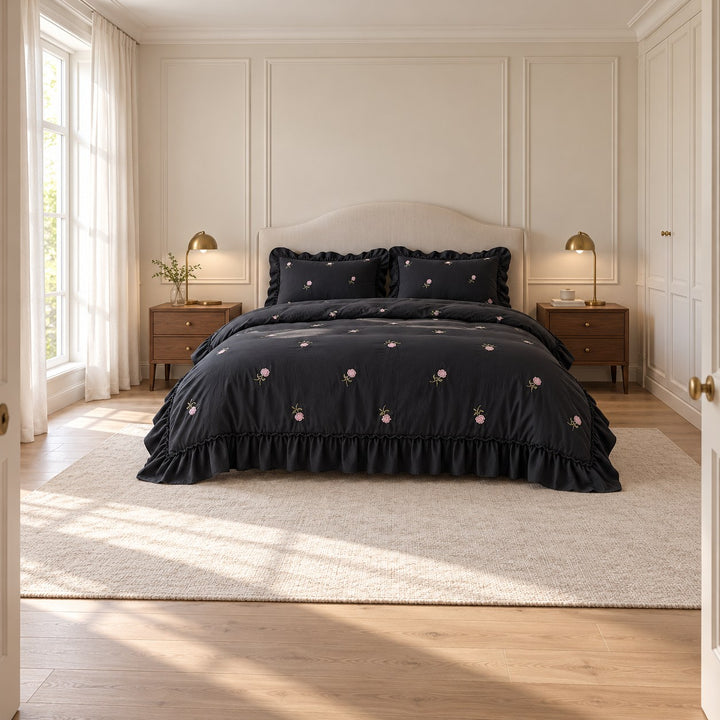Floral Duvet Cover Set with Ruffled Pillowcases Soft Cotton for Coquette Bedroom Aesthetic