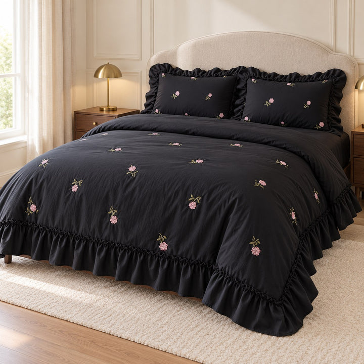 Floral Duvet Cover Set with Ruffled Pillowcases Soft Cotton for Coquette Bedroom Aesthetic