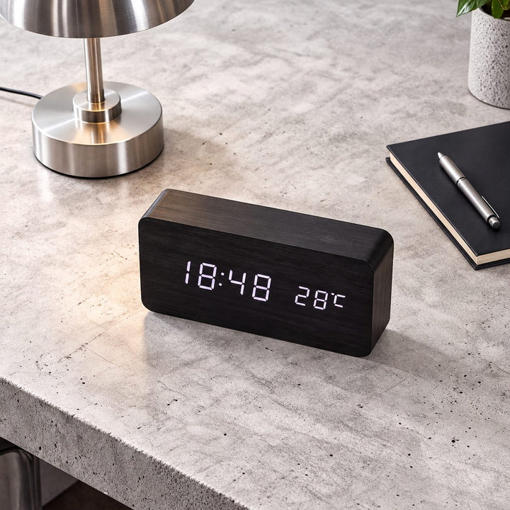Modern Wood Digital Alarm Clock with Adjustable Brightness LED Display for Time and Temperature