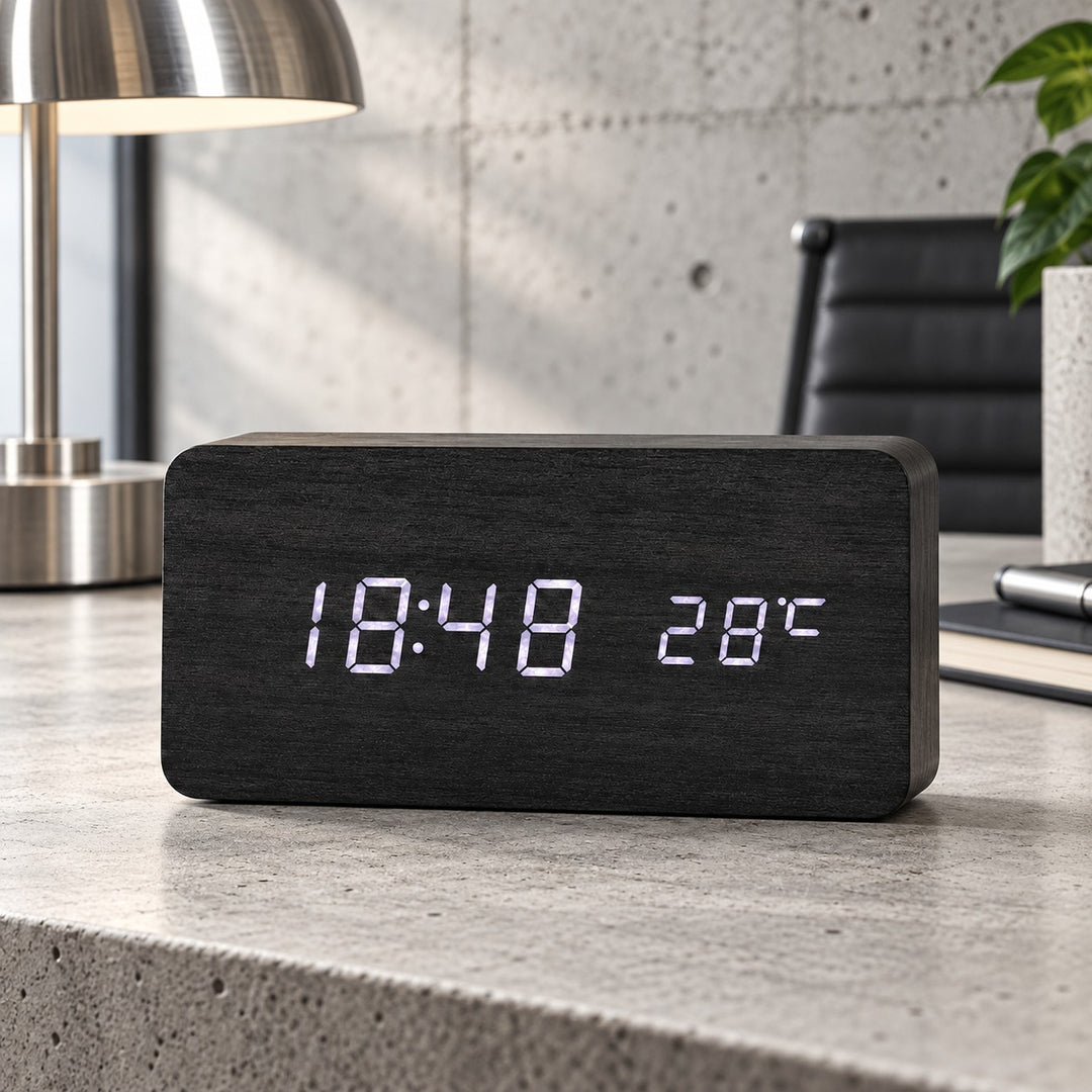 Modern Wood Digital Alarm Clock with Adjustable Brightness LED Display for Time and Temperature