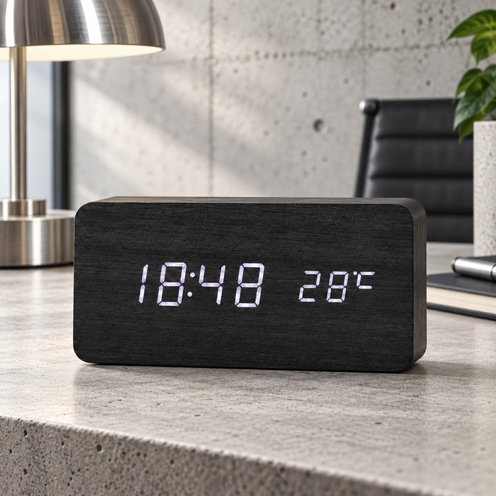 Modern Wood Digital Alarm Clock with Adjustable Brightness LED Display for Time and Temperature