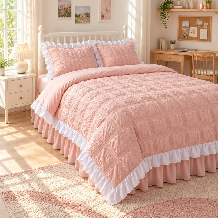 Kawaii Ruffle Bedding Set Twin Full Queen Soft Cotton Duvet Cover with Bed Skirt and Pillow Cases