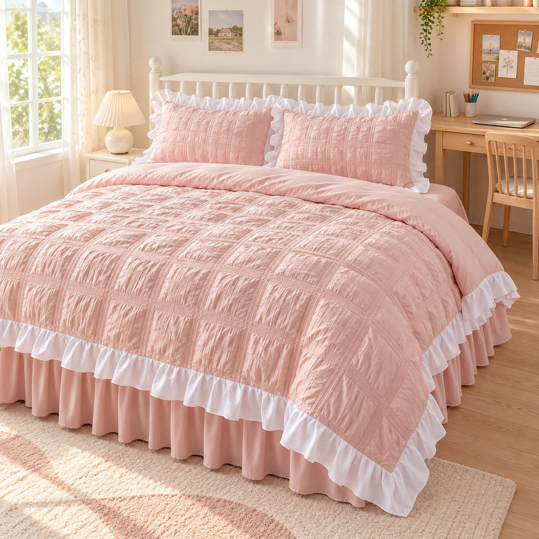Kawaii Ruffle Bedding Set Twin Full Queen Soft Cotton Duvet Cover with Bed Skirt and Pillow Cases