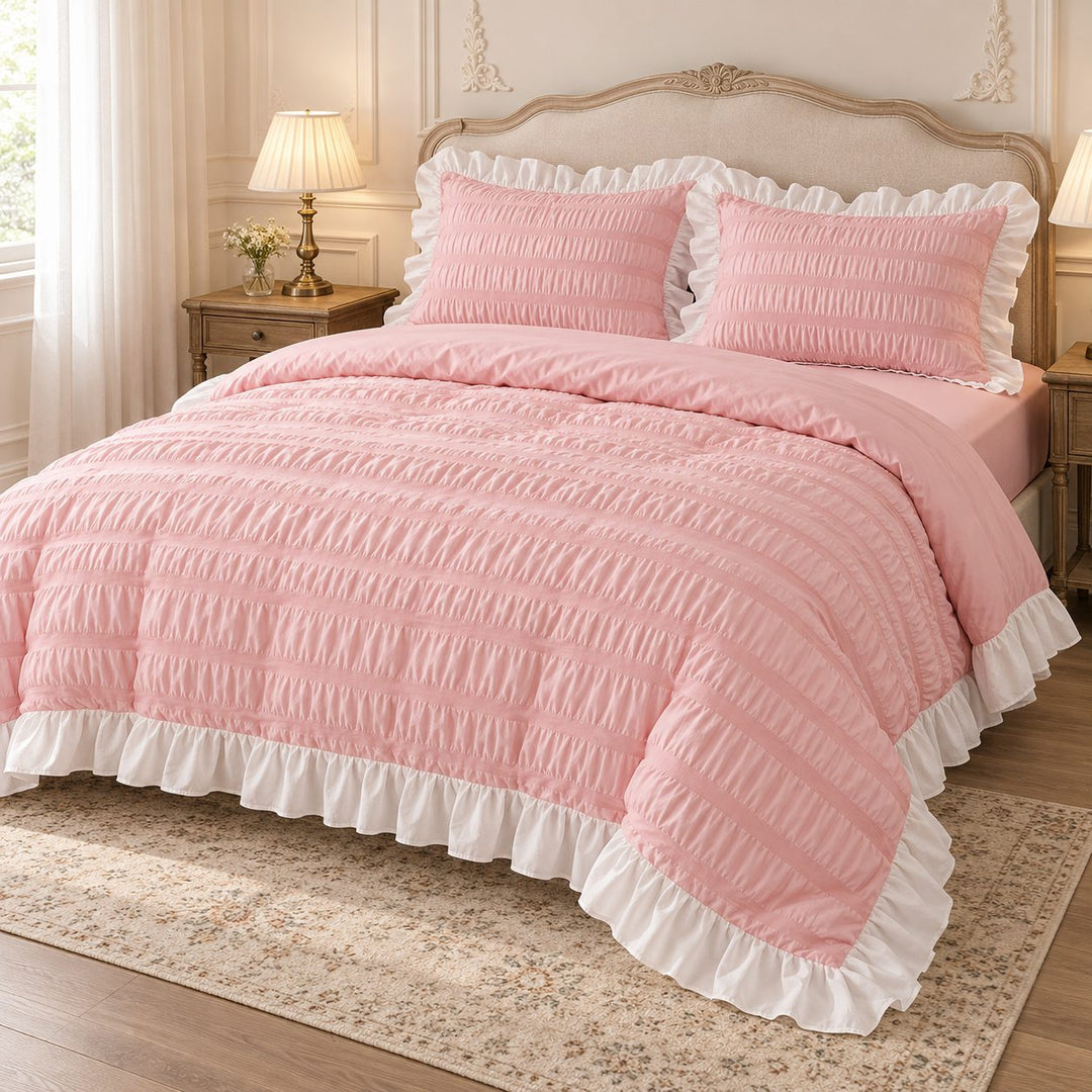 Modern Ribbed Bedding Set with Duvet Cover Flat and Fitted Sheets in 100% Cotton