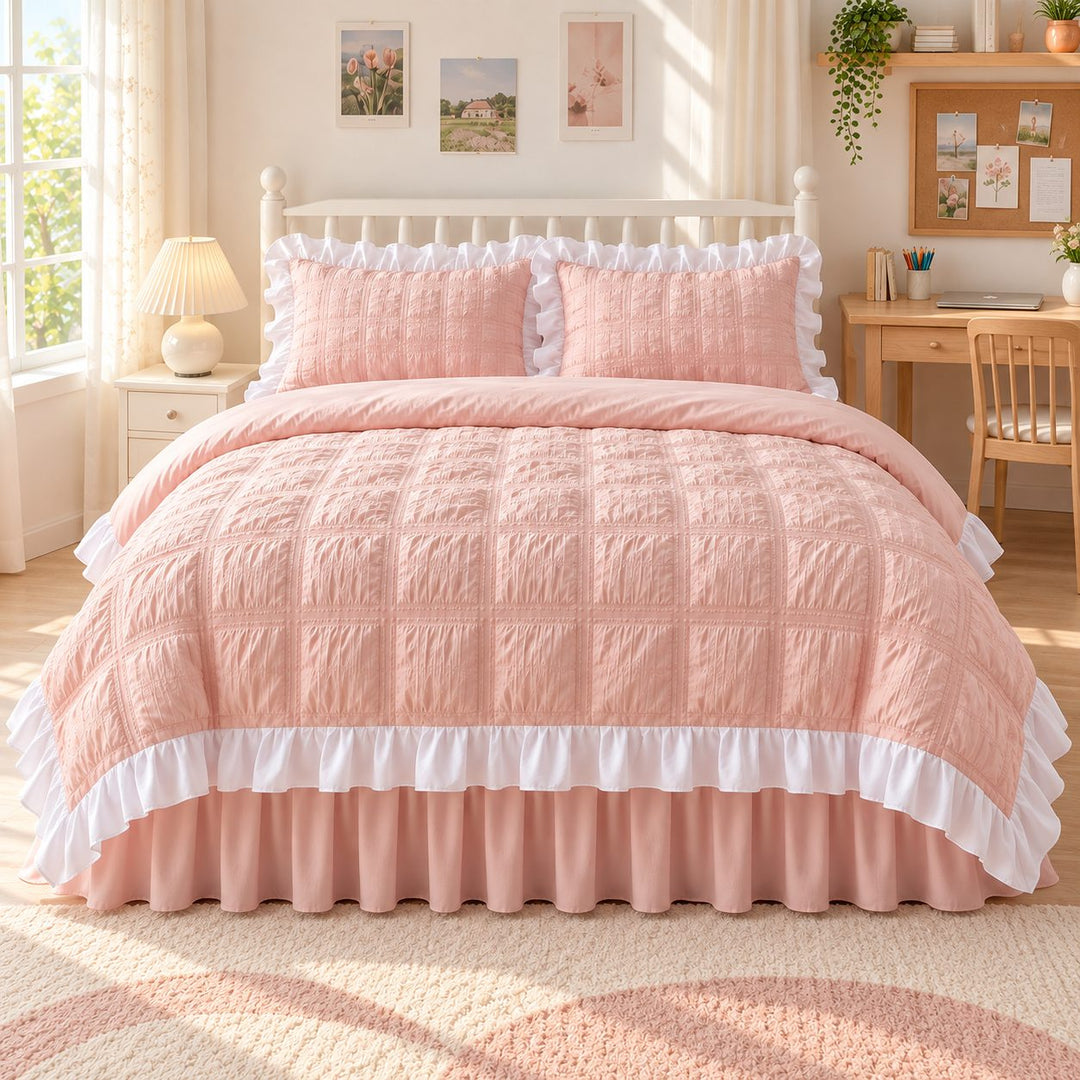 Kawaii Ruffle Bedding Set Twin Full Queen Soft Cotton Duvet Cover with Bed Skirt and Pillow Cases