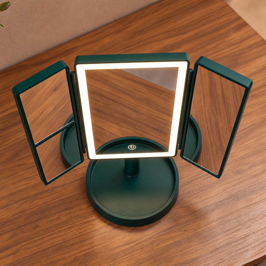 Modern Tri-Fold Makeup Mirror with Lights Adjustable USB Rechargeable 2X/3X Magnification