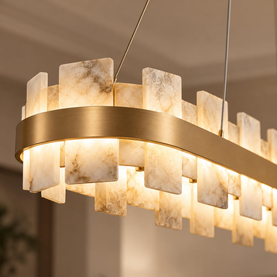 Modern Chandelier Ceiling Light Hanging Antique Brass Frame White Alabaster Panels LED