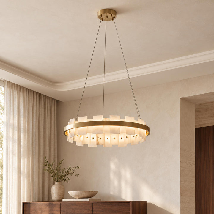 Modern Chandelier Ceiling Light Hanging Antique Brass Frame White Alabaster Panels LED