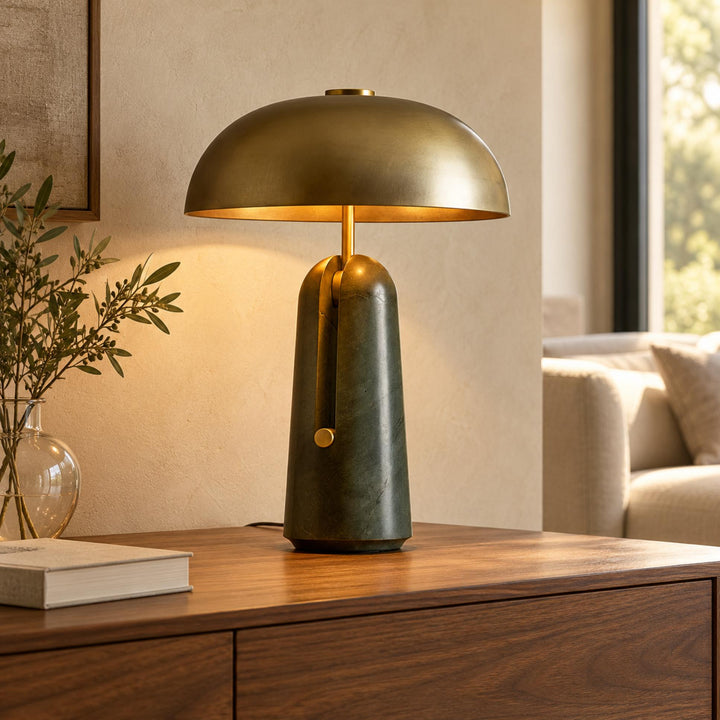 Contemporary Table Lamp with Metal Shade and Travertine Base for Bedroom or Living Room