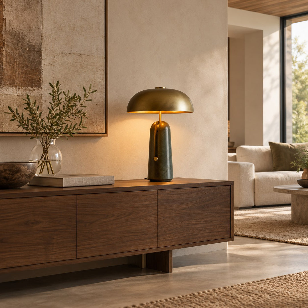 Contemporary Table Lamp with Metal Shade and Travertine Base for Bedroom or Living Room