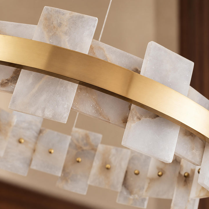 Modern Chandelier Ceiling Light Hanging Antique Brass Frame White Alabaster Panels LED