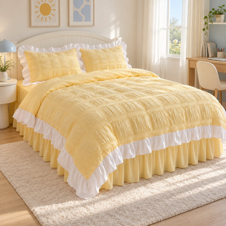 Kawaii Ruffle Bedding Set Twin Full Queen Soft Cotton Duvet Cover with Bed Skirt and Pillow Cases