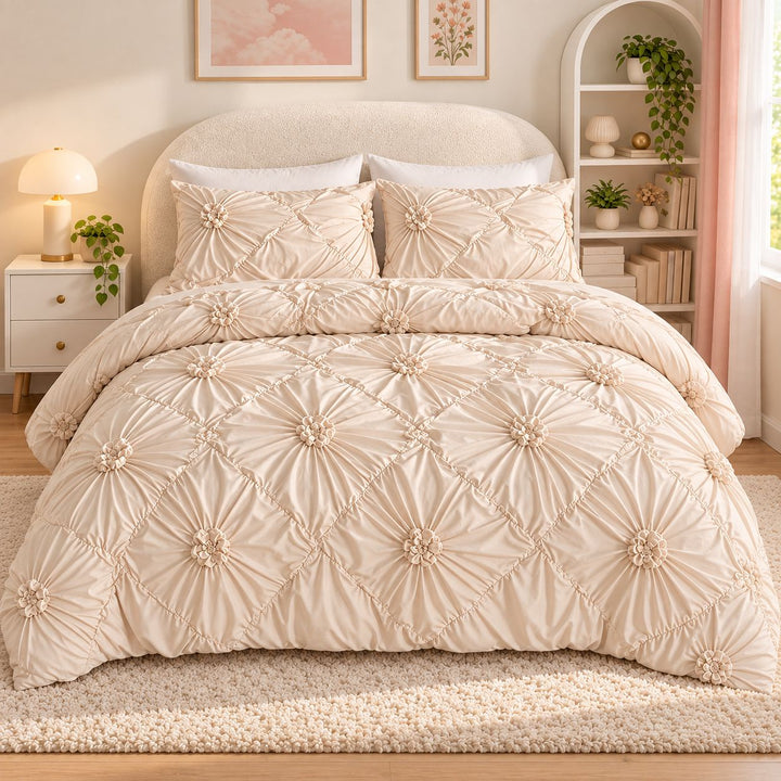 Boho Ruffle Flower Duvet Cover Set Soft Cotton Bedding Twin Full Queen Sizes
