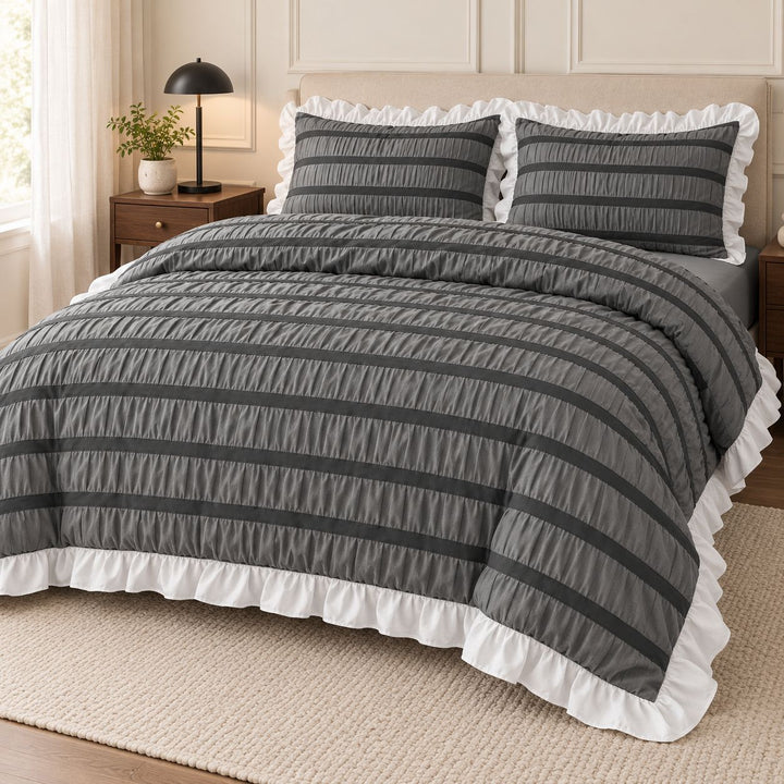 Modern Ribbed Bedding Set with Duvet Cover Flat and Fitted Sheets in 100% Cotton