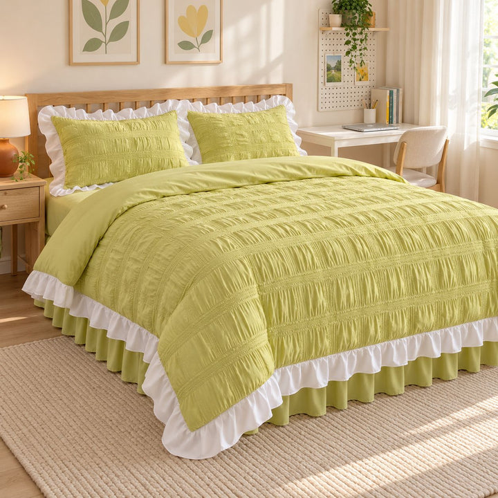 Kawaii Ruffle Bedding Set Twin Full Queen Soft Cotton Duvet Cover with Bed Skirt and Pillow Cases