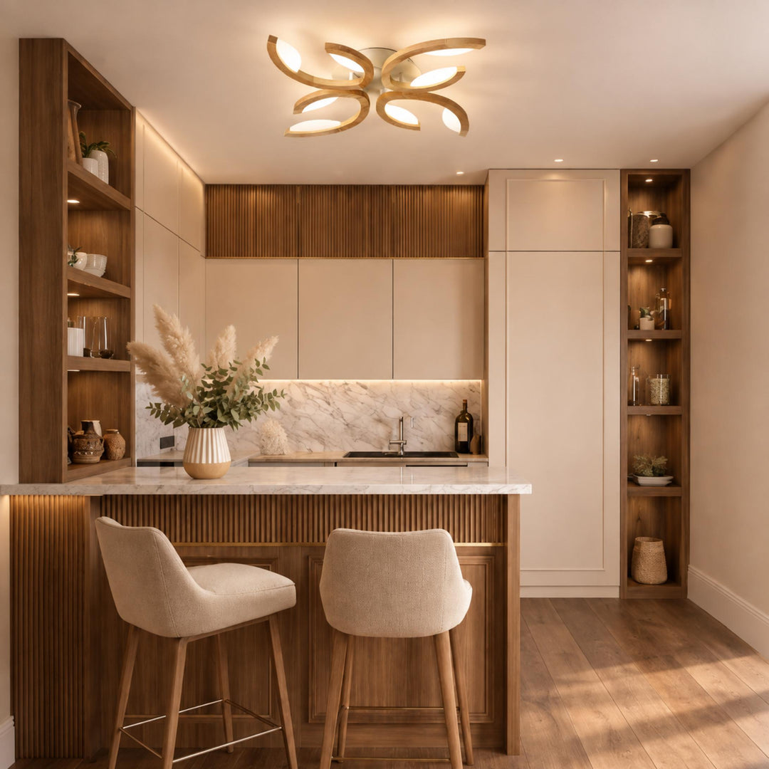Modern Leaf Flush Mount Ceiling Light Natural Oak Wood Acrylic LED Dimmable 3-5 Light Options