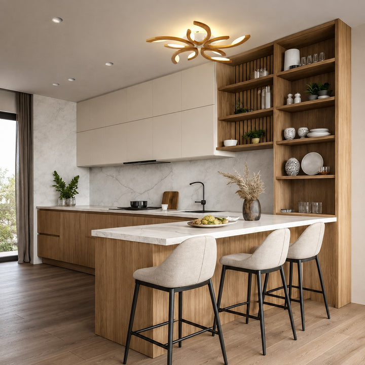 Modern Leaf Flush Mount Ceiling Light Natural Oak Wood Acrylic LED Dimmable 3-5 Light Options