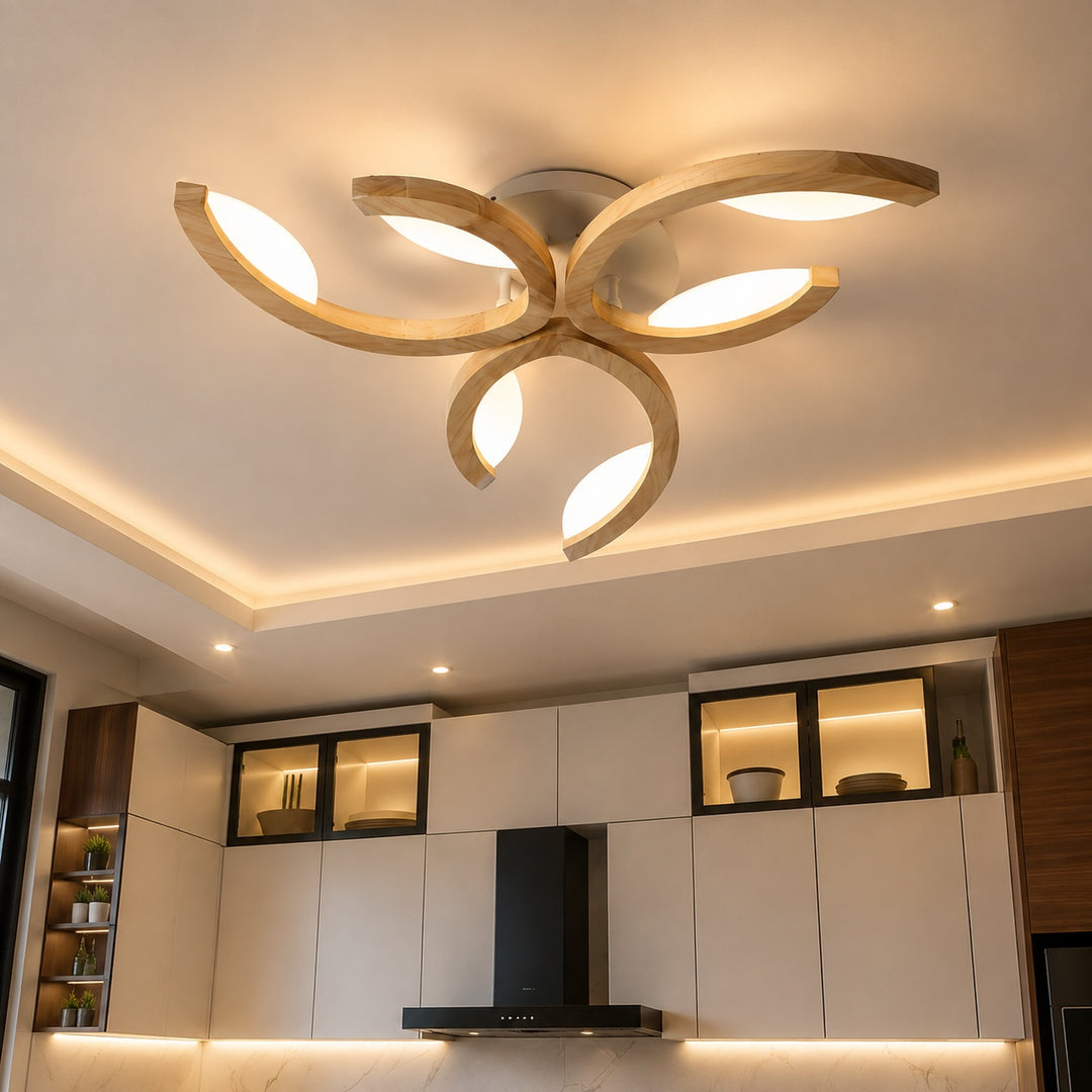 Modern Leaf Flush Mount Ceiling Light Natural Oak Wood Acrylic LED Dimmable 3-5 Light Options