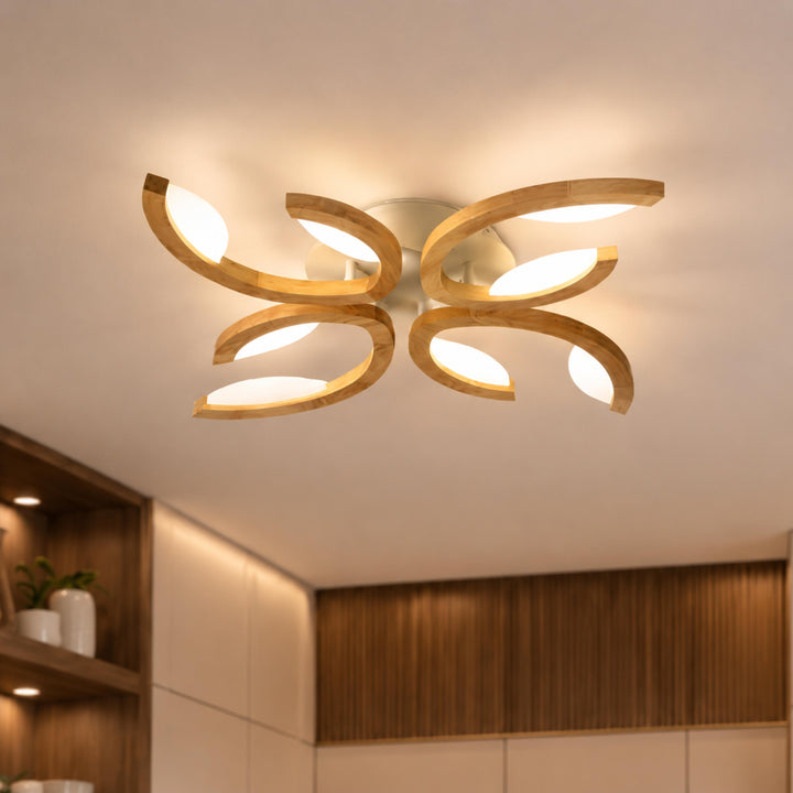 Modern Leaf Flush Mount Ceiling Light Natural Oak Wood Acrylic LED Dimmable 3-5 Light Options