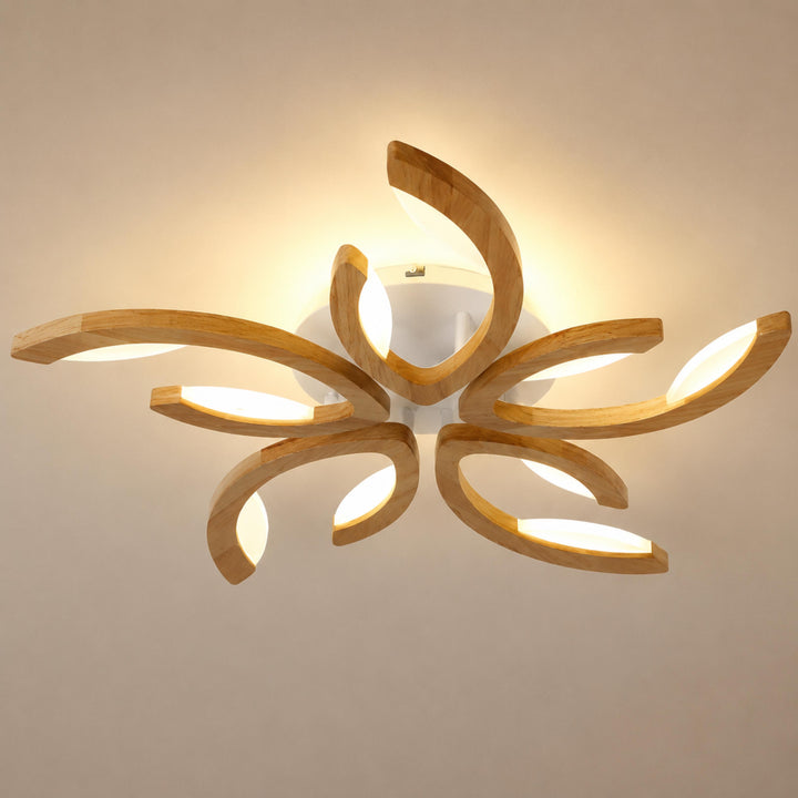 Modern Leaf Flush Mount Ceiling Light Natural Oak Wood Acrylic LED Dimmable 3-5 Light Options
