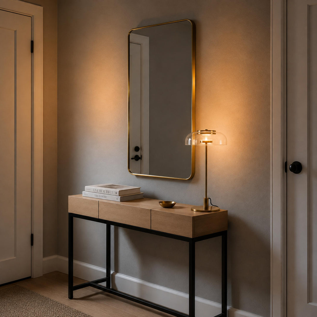 Modern Table Lamp with Adjustable Brass Body and Clear Glass Shade for Warm LED Lighting