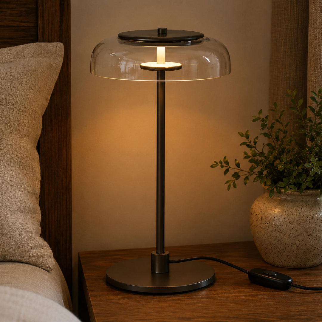 Modern Table Lamp with Adjustable Brass Body and Clear Glass Shade for Warm LED Lighting
