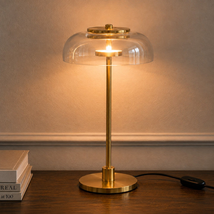 Modern Table Lamp with Adjustable Brass Body and Clear Glass Shade for Warm LED Lighting