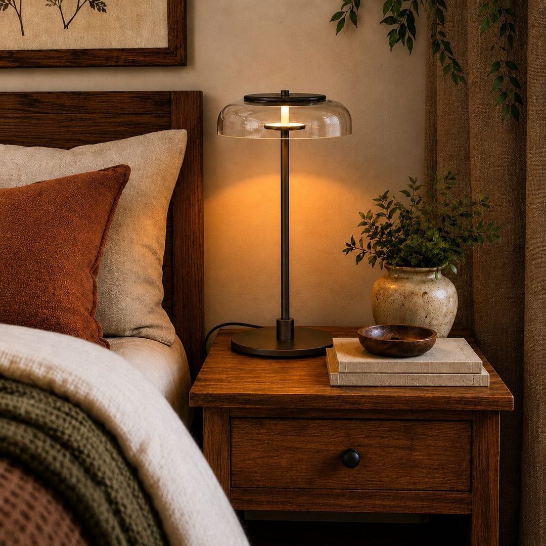 Modern Table Lamp with Adjustable Brass Body and Clear Glass Shade for Warm LED Lighting