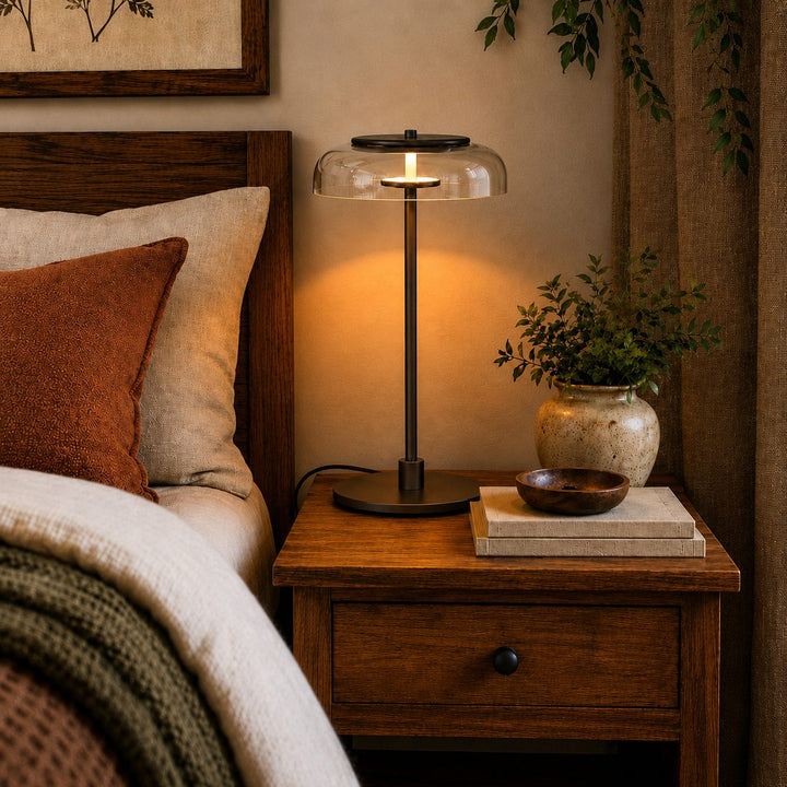 Modern Table Lamp with Adjustable Brass Body and Clear Glass Shade for Warm LED Lighting