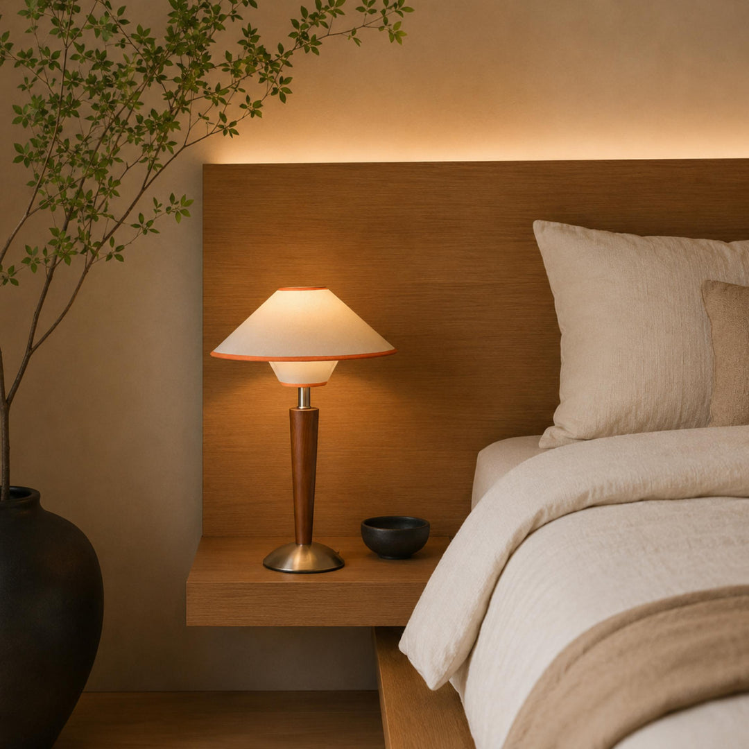 Modern Table Lamp with Wooden Base and Fabric Shade for Bedroom or Office Use LED Compatible