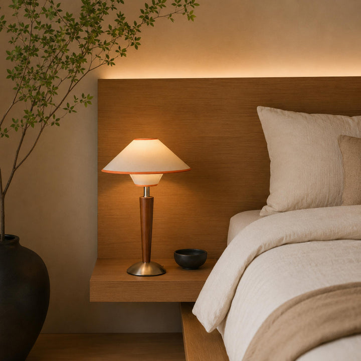 Modern Table Lamp with Wooden Base and Fabric Shade for Bedroom or Office Use LED Compatible
