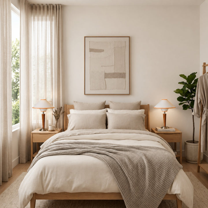 Modern Table Lamp with Wooden Base and Fabric Shade for Bedroom or Office Use LED Compatible