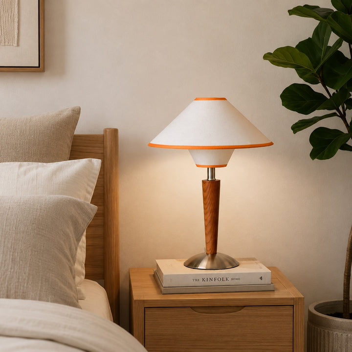 Modern Table Lamp with Wooden Base and Fabric Shade for Bedroom or Office Use LED Compatible