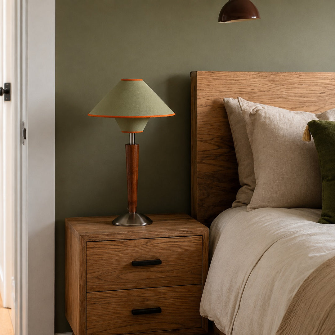 Modern Table Lamp with Wooden Base and Fabric Shade for Bedroom or Office Use LED Compatible