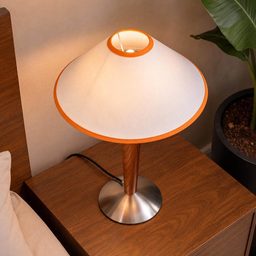Modern Table Lamp with Wooden Base and Fabric Shade for Bedroom or Office Use LED Compatible