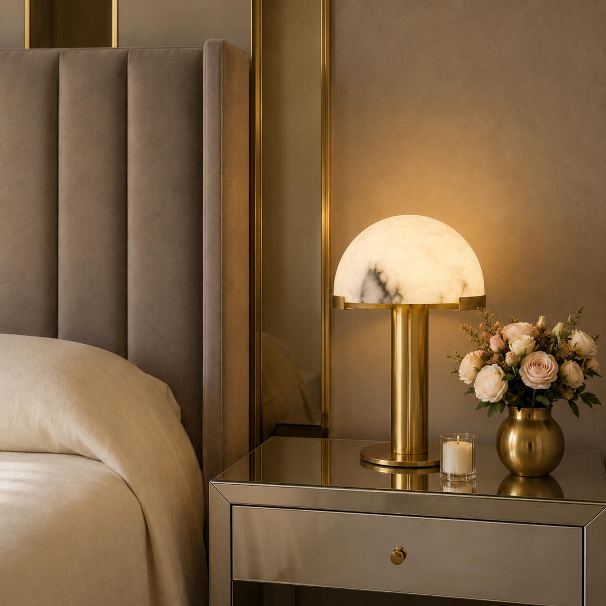 Modern Alabaster Table Lamp with Bronze Base Inline On/Off Switch for Bedroom or Living Room Use
