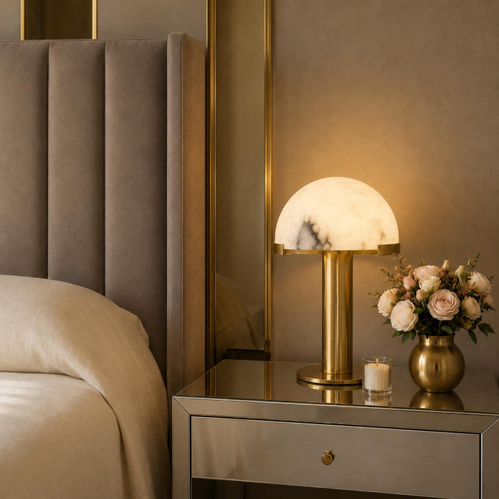 Modern Alabaster Table Lamp with Bronze Base Inline On/Off Switch for Bedroom or Living Room Use