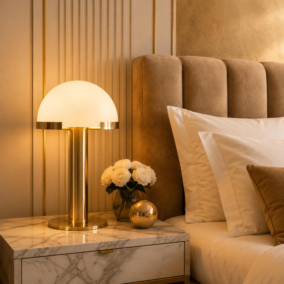 Modern Alabaster Table Lamp with Bronze Base Inline On/Off Switch for Bedroom or Living Room Use