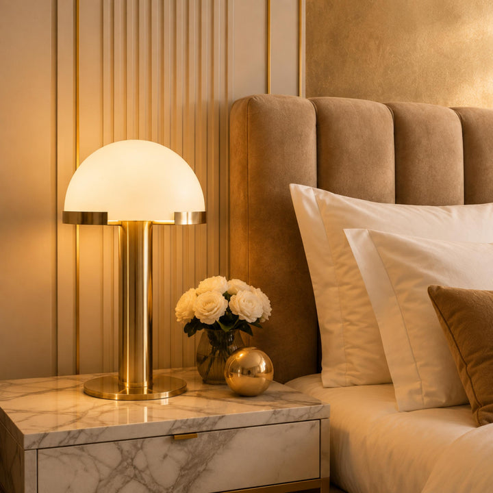 Modern Alabaster Table Lamp with Bronze Base Inline On/Off Switch for Bedroom or Living Room Use