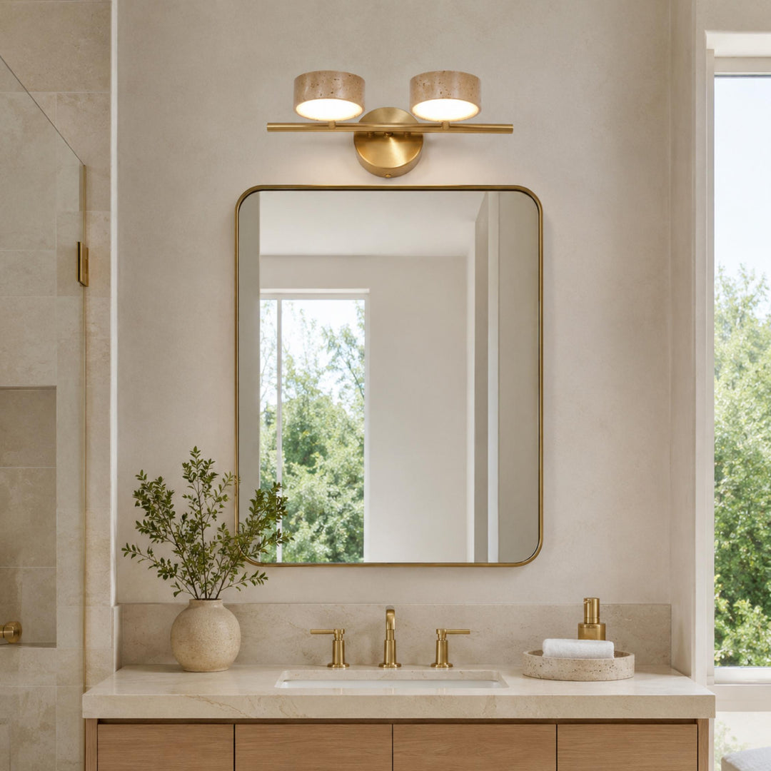 Modern Bathroom Vanity Light Wall Mounted with Travertine Shades and Dimmable LED Illumination