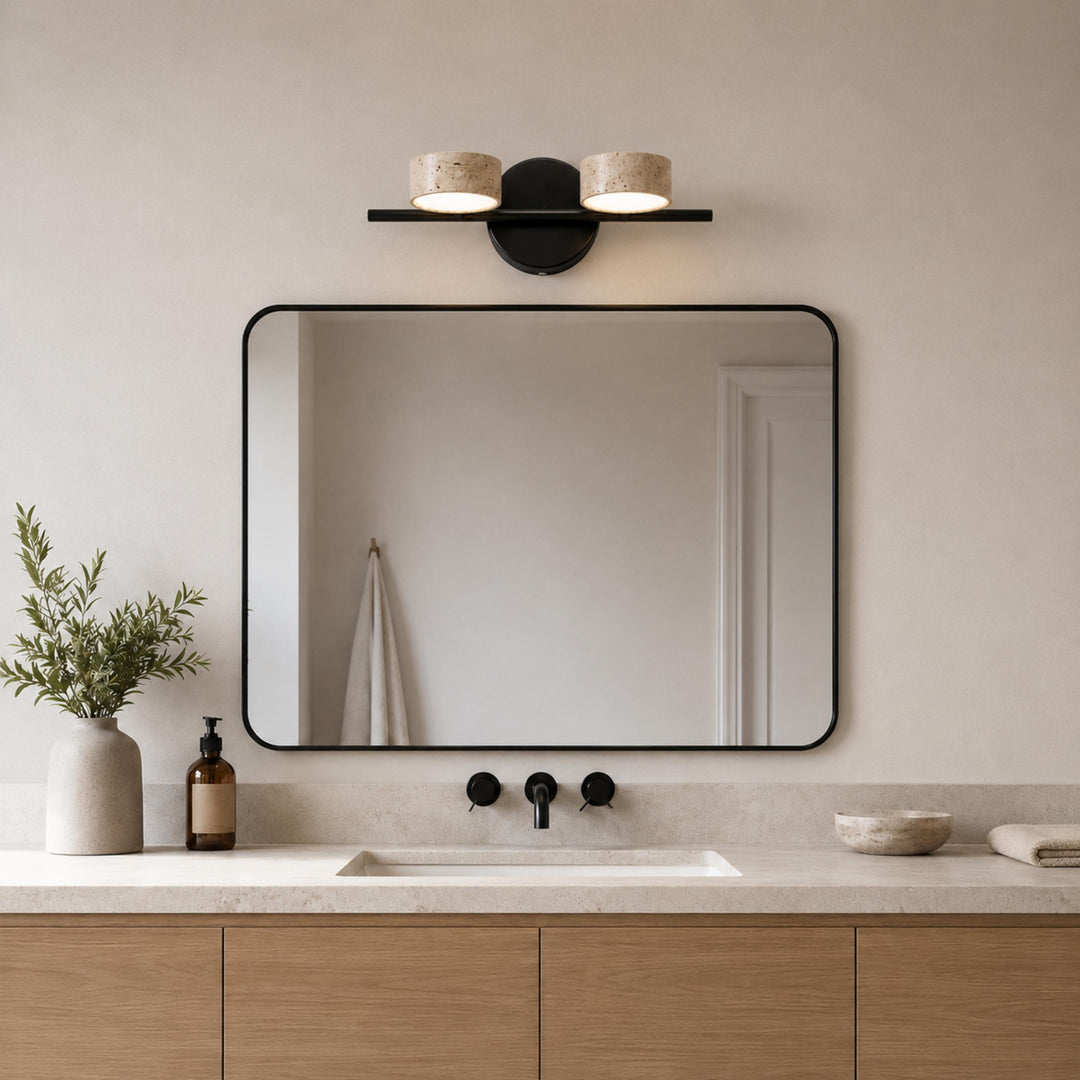 Modern Bathroom Vanity Light Wall Mounted with Travertine Shades and Dimmable LED Illumination
