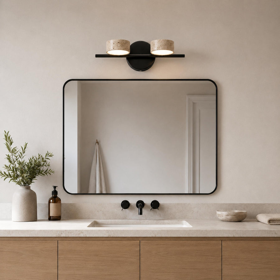 Modern Bathroom Vanity Light Wall Mounted with Travertine Shades and Dimmable LED Illumination in the 2 lights