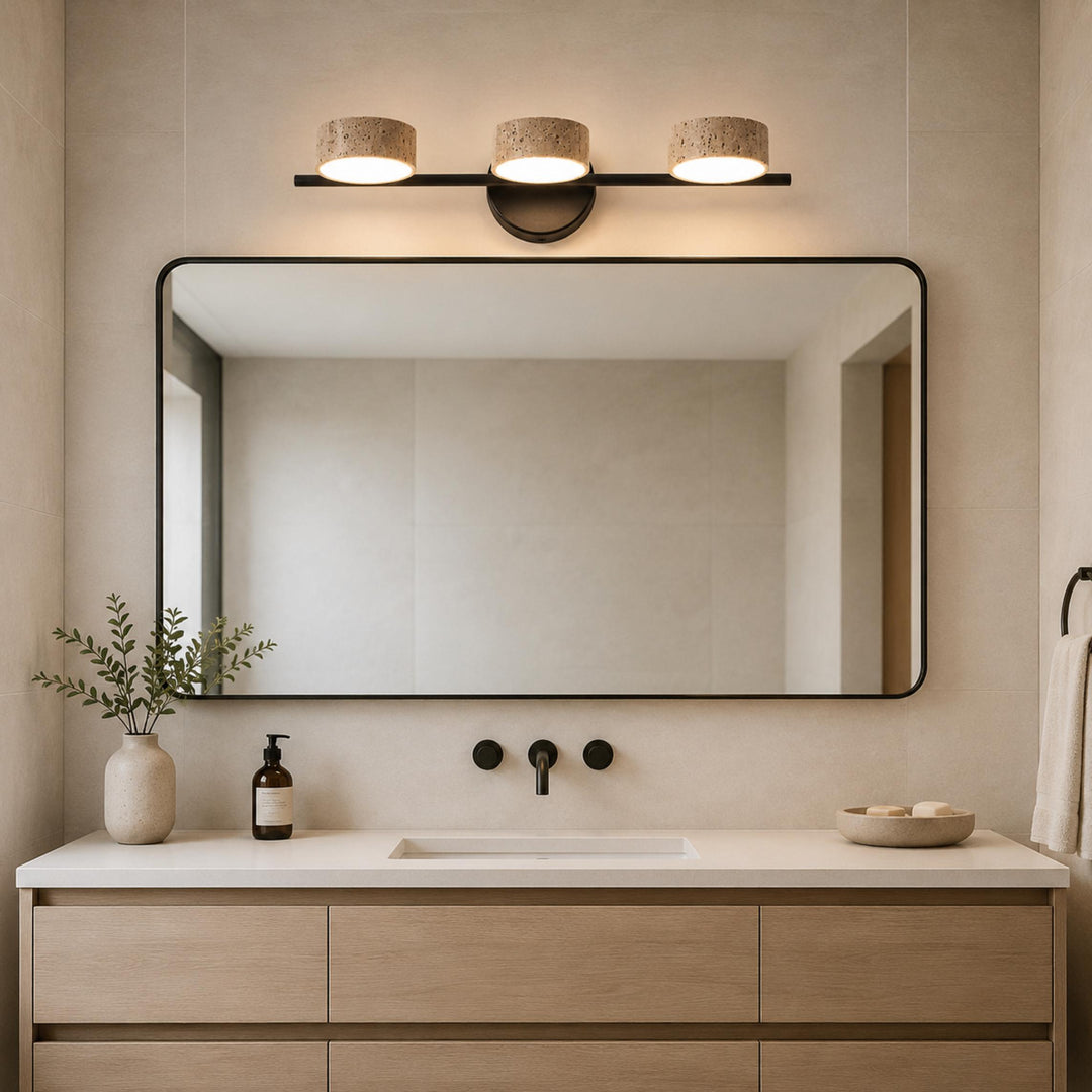 Modern Bathroom Vanity Light Wall Mounted with Travertine Shades and Dimmable LED Illumination