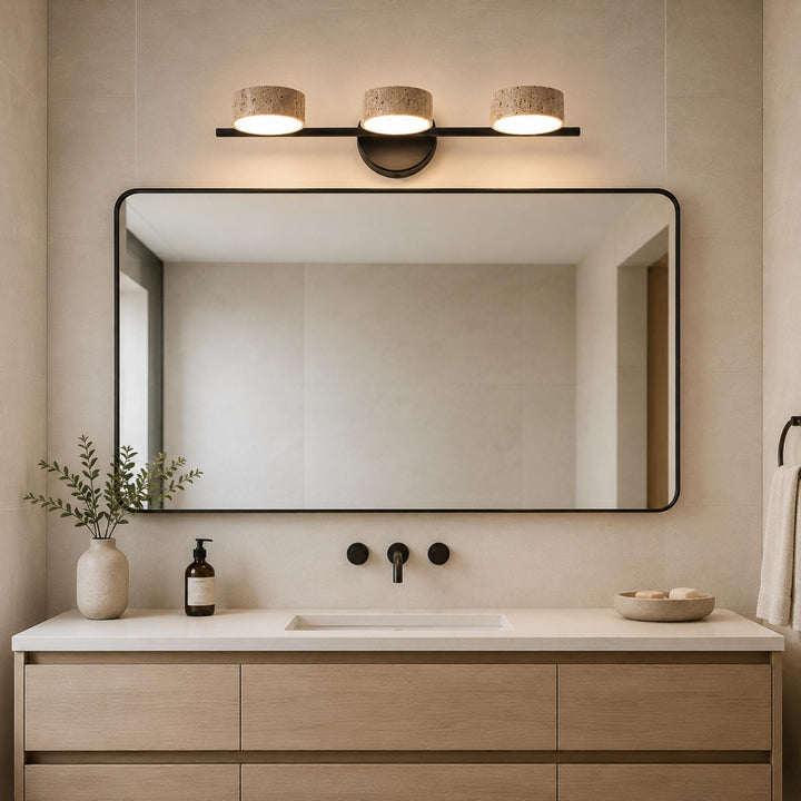 Modern Bathroom Vanity Light Wall Mounted with Travertine Shades and Dimmable LED Illumination