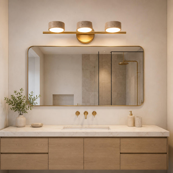 Modern Bathroom Vanity Light Wall Mounted with Travertine Shades and Dimmable LED Illumination